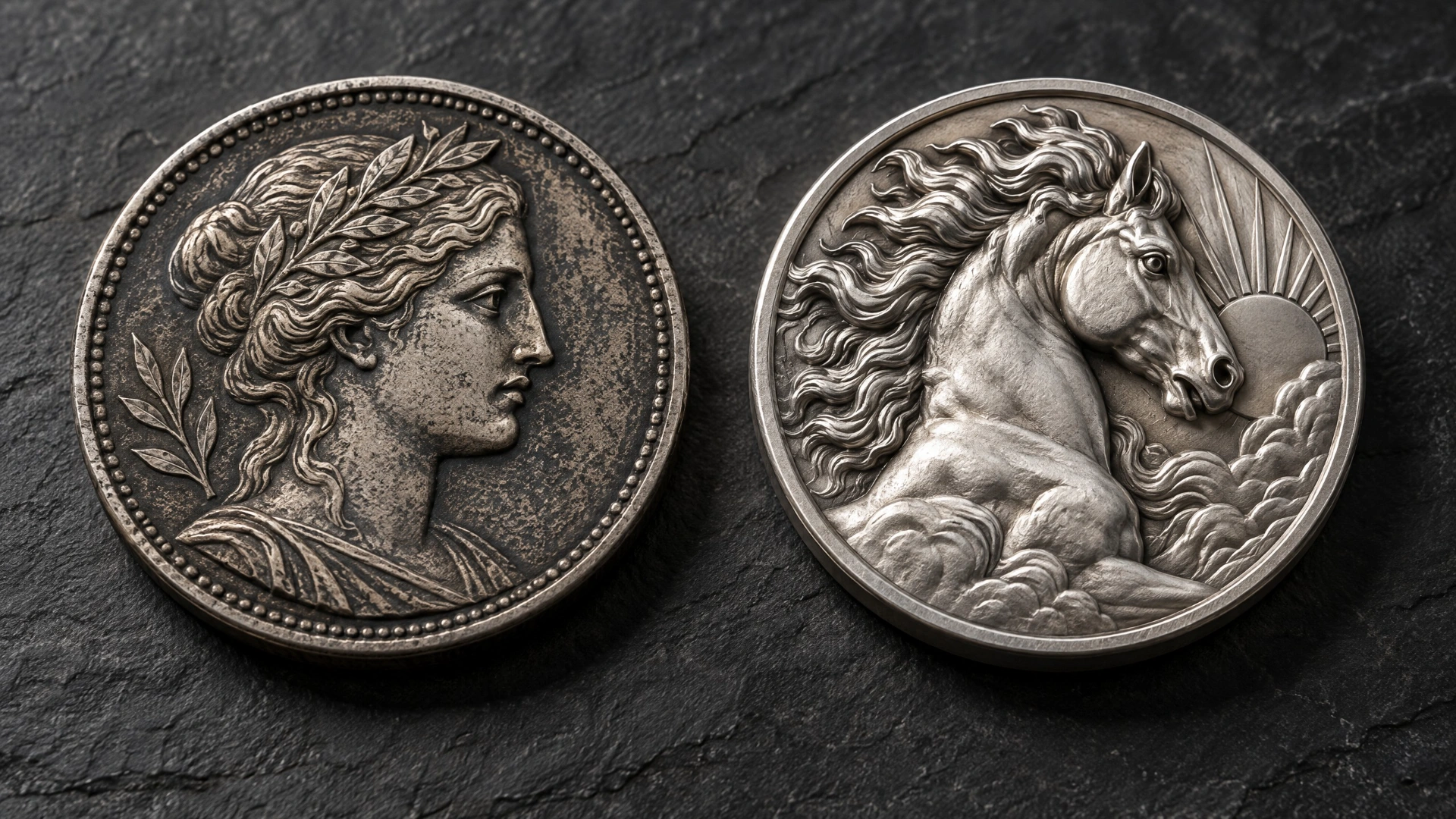 Antiqued silver coin with darkened recesses beside a separate high-relief silver coin with deep sculpted details