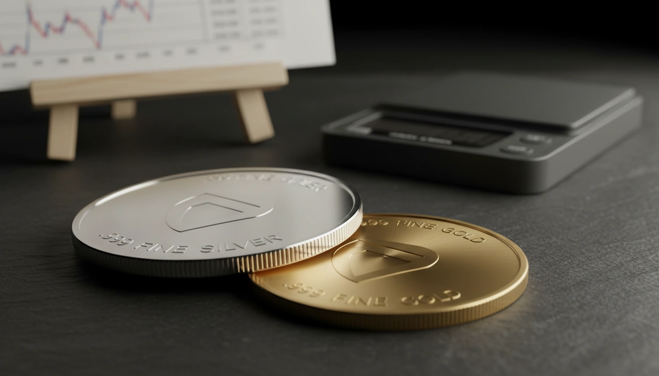 Silver and gold coins showing purity markings with a price chart in the background
