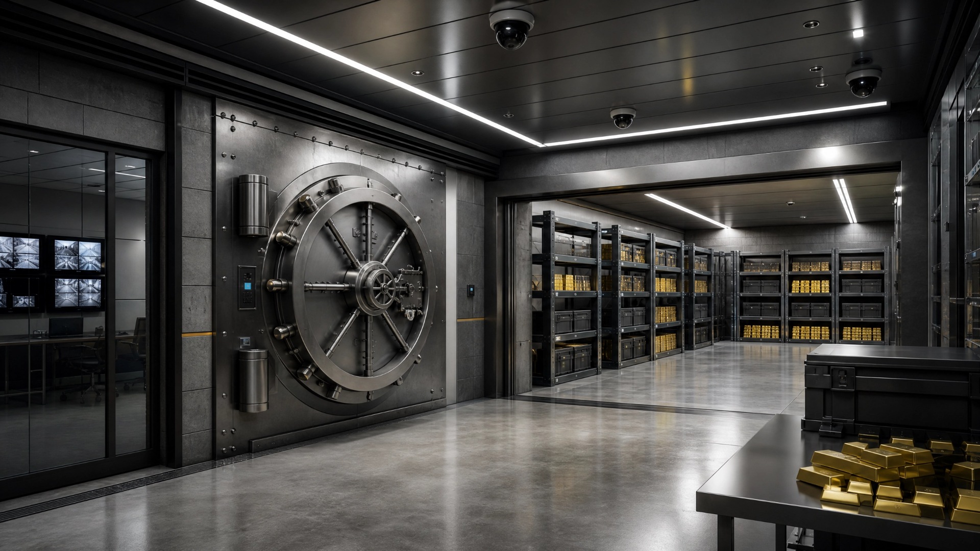 An expansive room showcasing a substantial vault door, emphasizing security and strength.