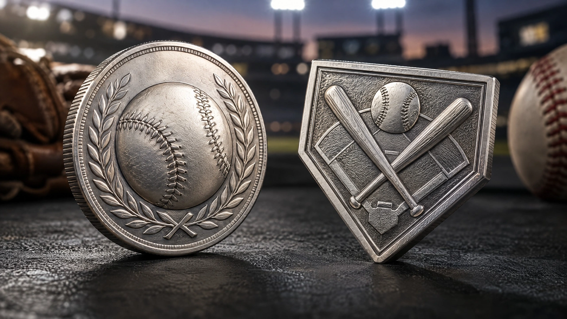 Two finished silver baseball collectible coins, one round and one home-plate shaped, with neutral baseball relief