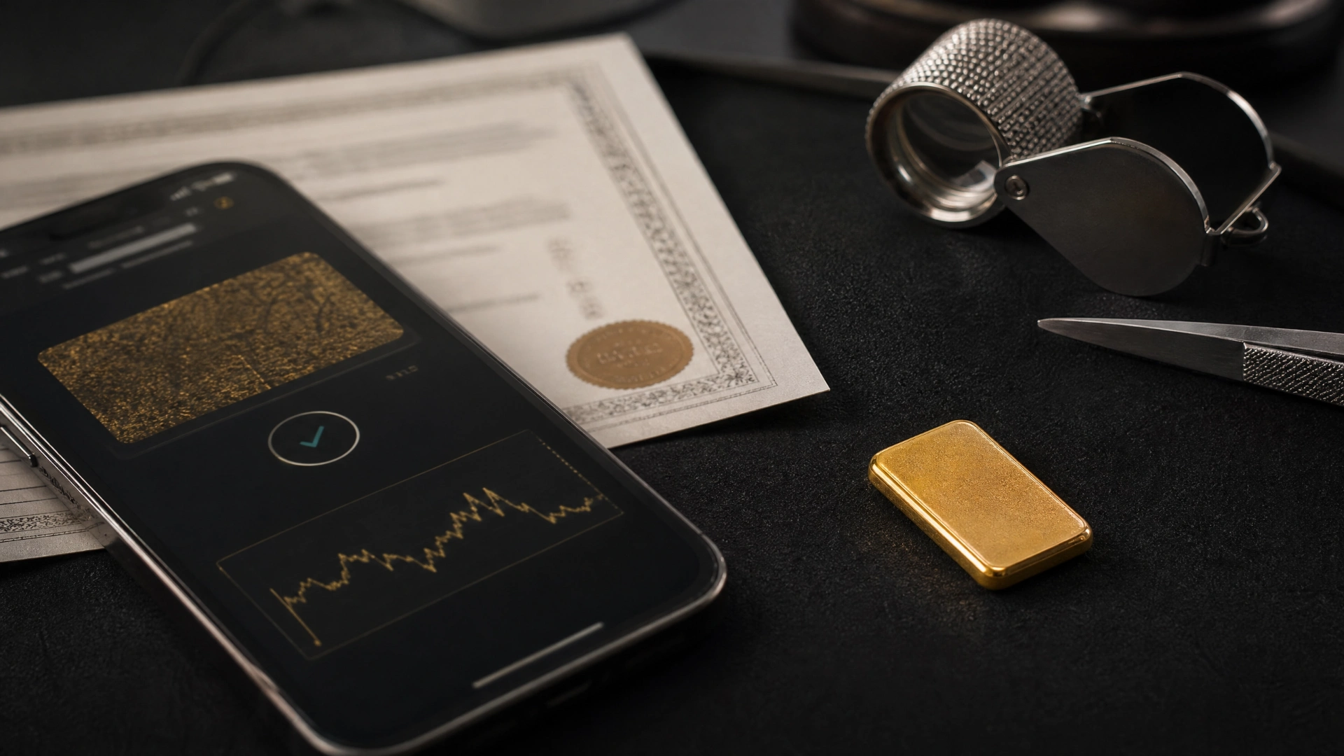 A loose gold bar beside a phone showing an abstract surface-scan check and a certificate