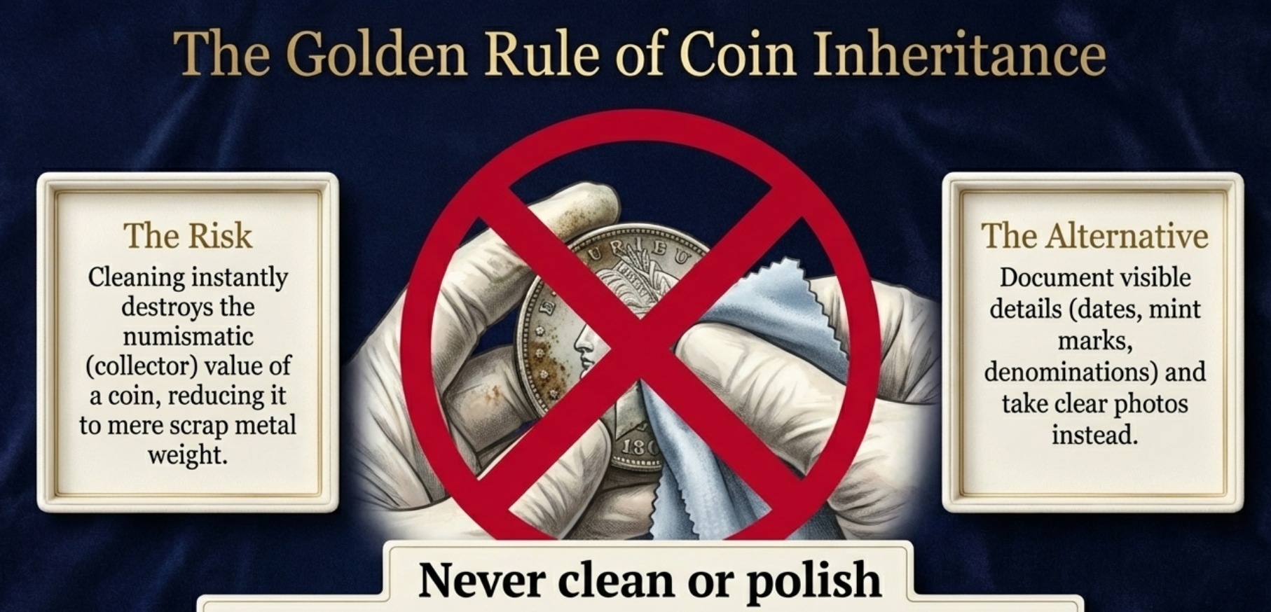 But avoid cleaning or polishing coins, which can reduce value.
