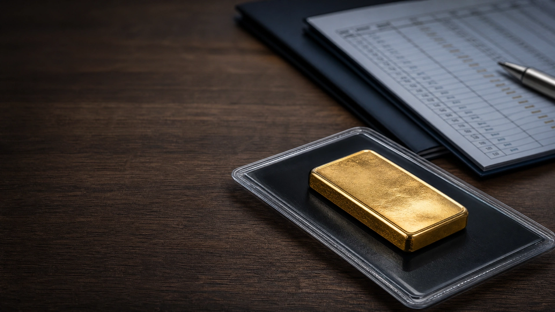 Gold bullion bar beside a custody record, illustrating the difference between identified metal and a contractual claim