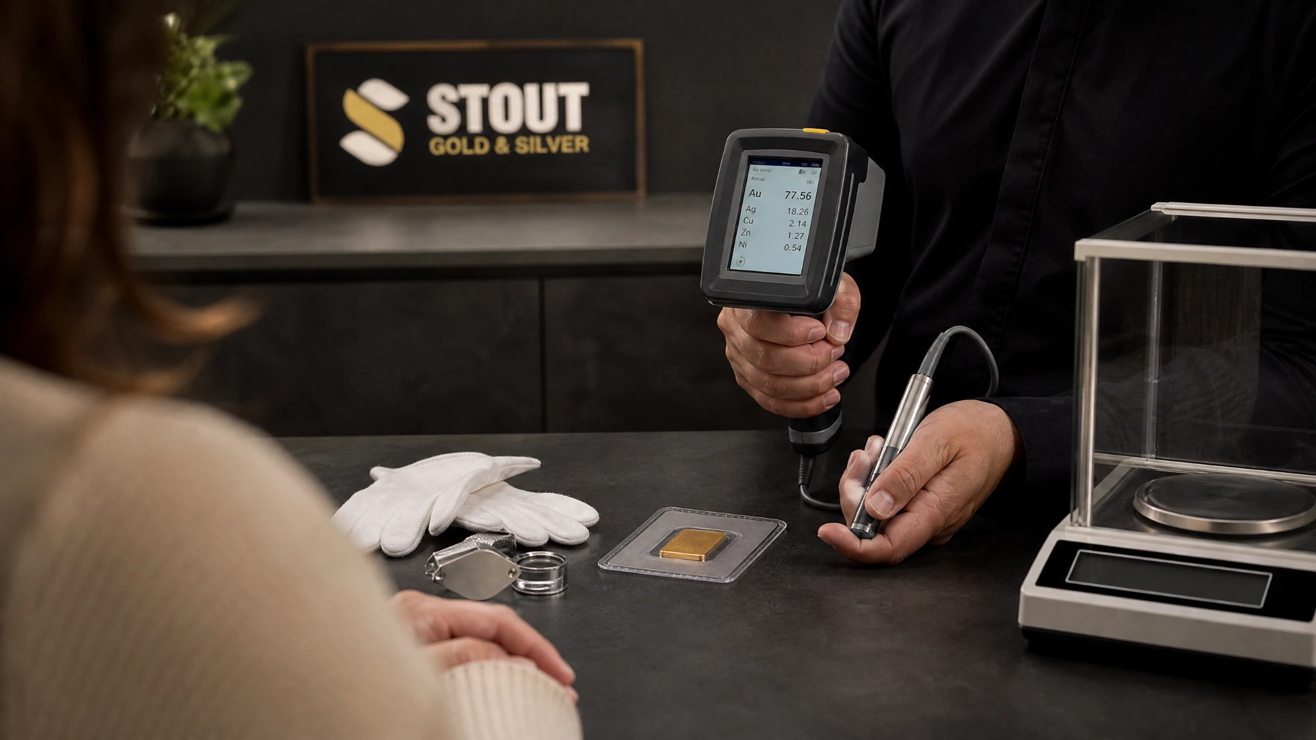 A precious-metals technician explaining XRF and ultrasonic testing at a Stout Gold & Silver counter