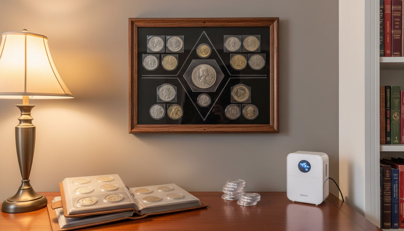 Coin collection displayed in a shadowbox frame with archival album and coin capsules