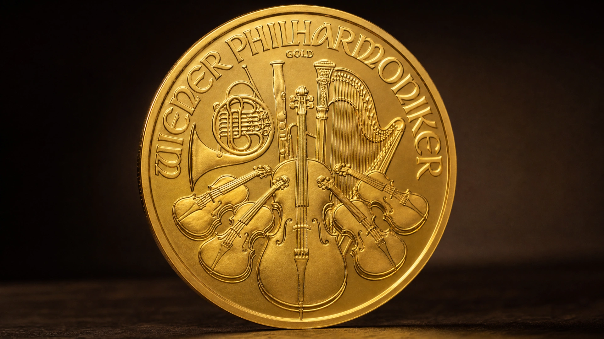 Intricate design details of the Austrian Gold Philharmonic Coin