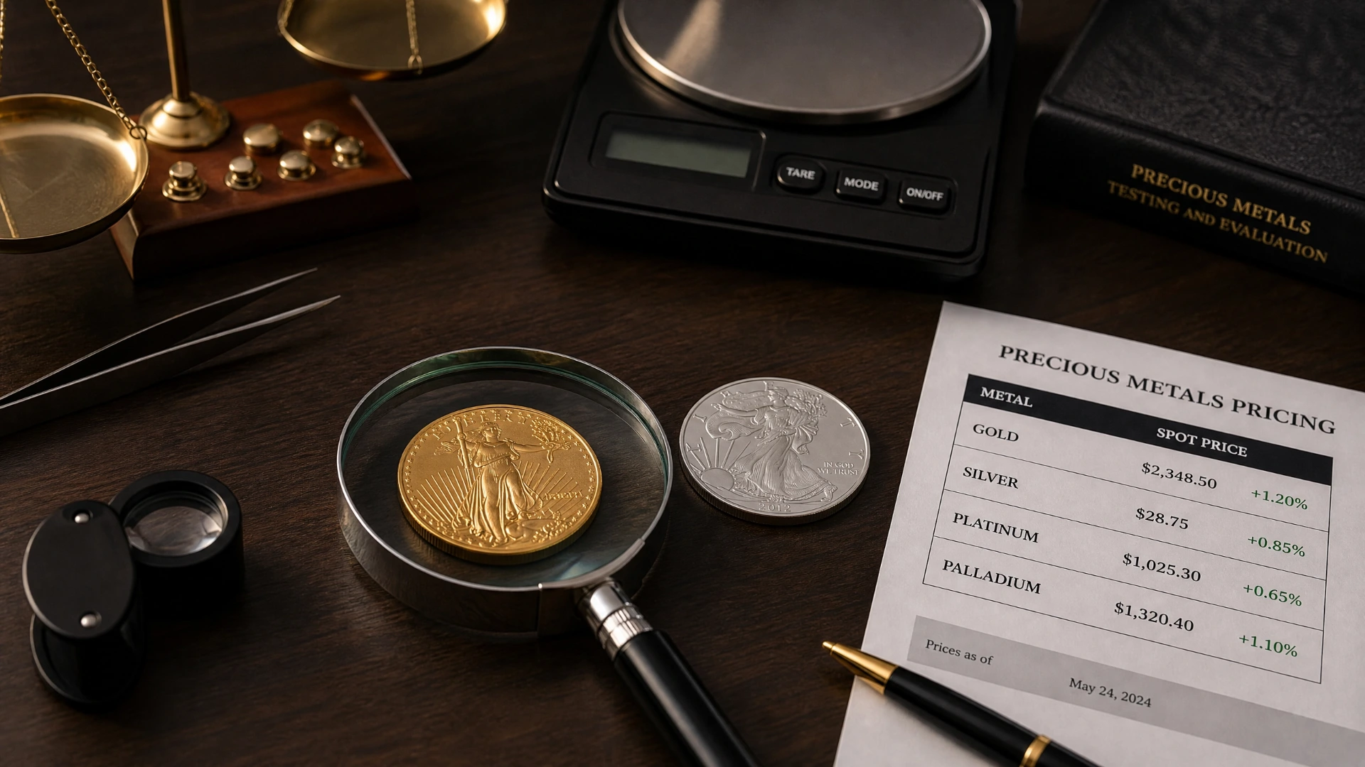 A precious metals evaluation scene with a magnifying glass examining a gold coin, pricing sheet, and evaluation tools