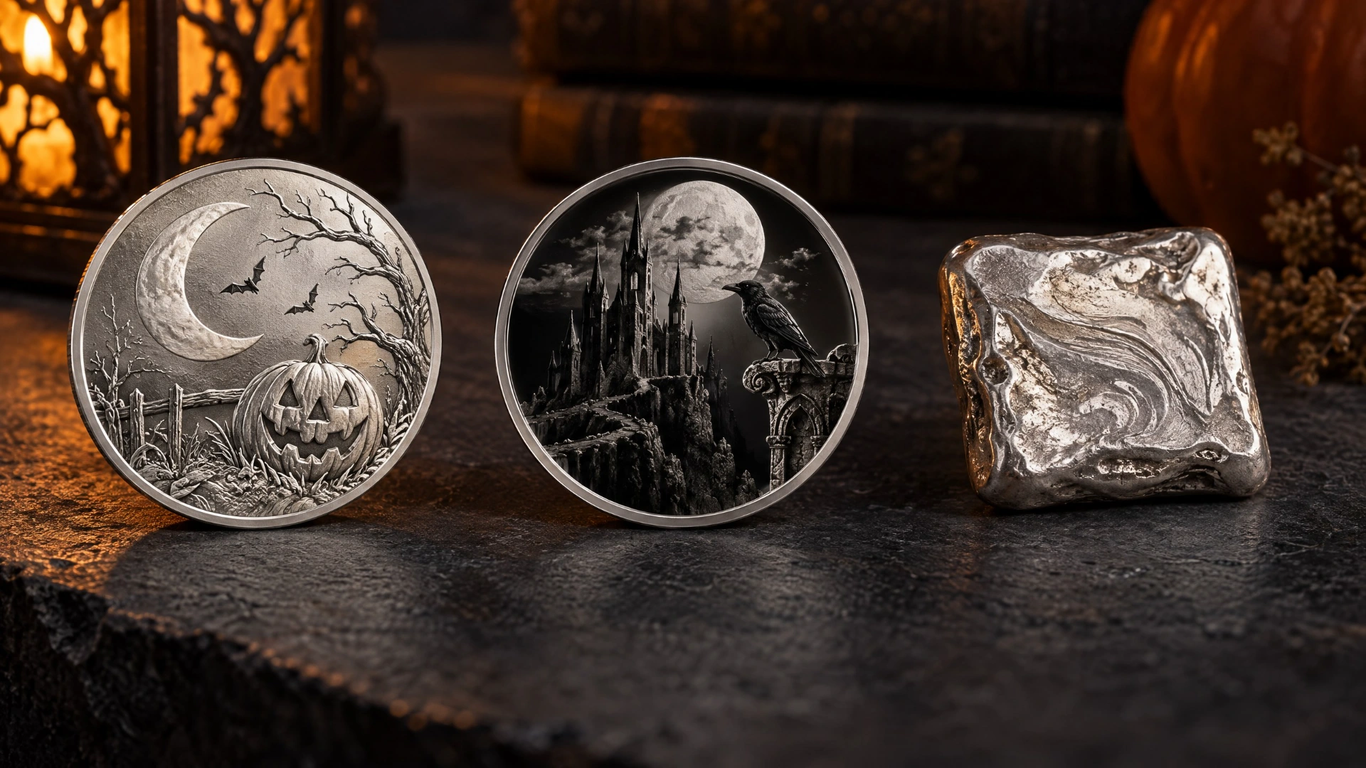 Three illustrative silver collectibles: a Halloween-themed round, a proof-style coin, and a hand-poured art bar