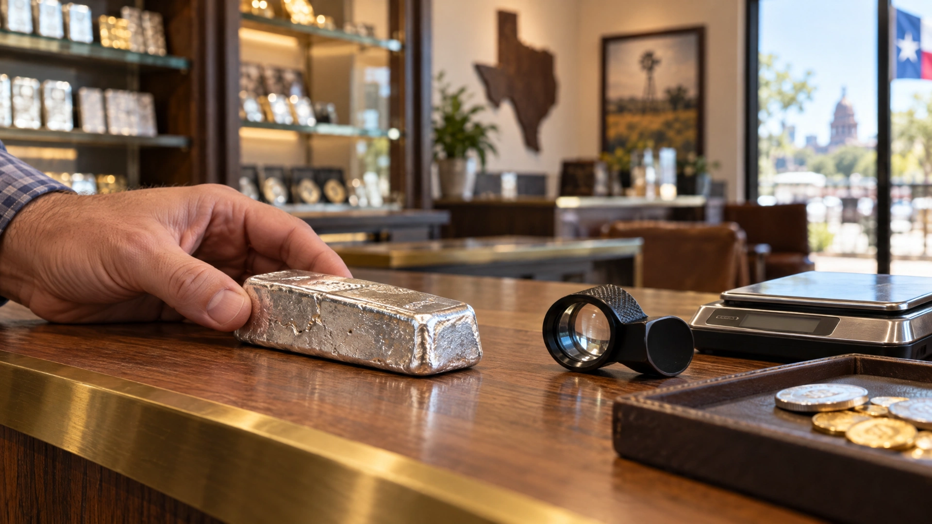 Hand-poured silver bar resting on a welcoming precious-metals shop counter beside a loupe and small scale