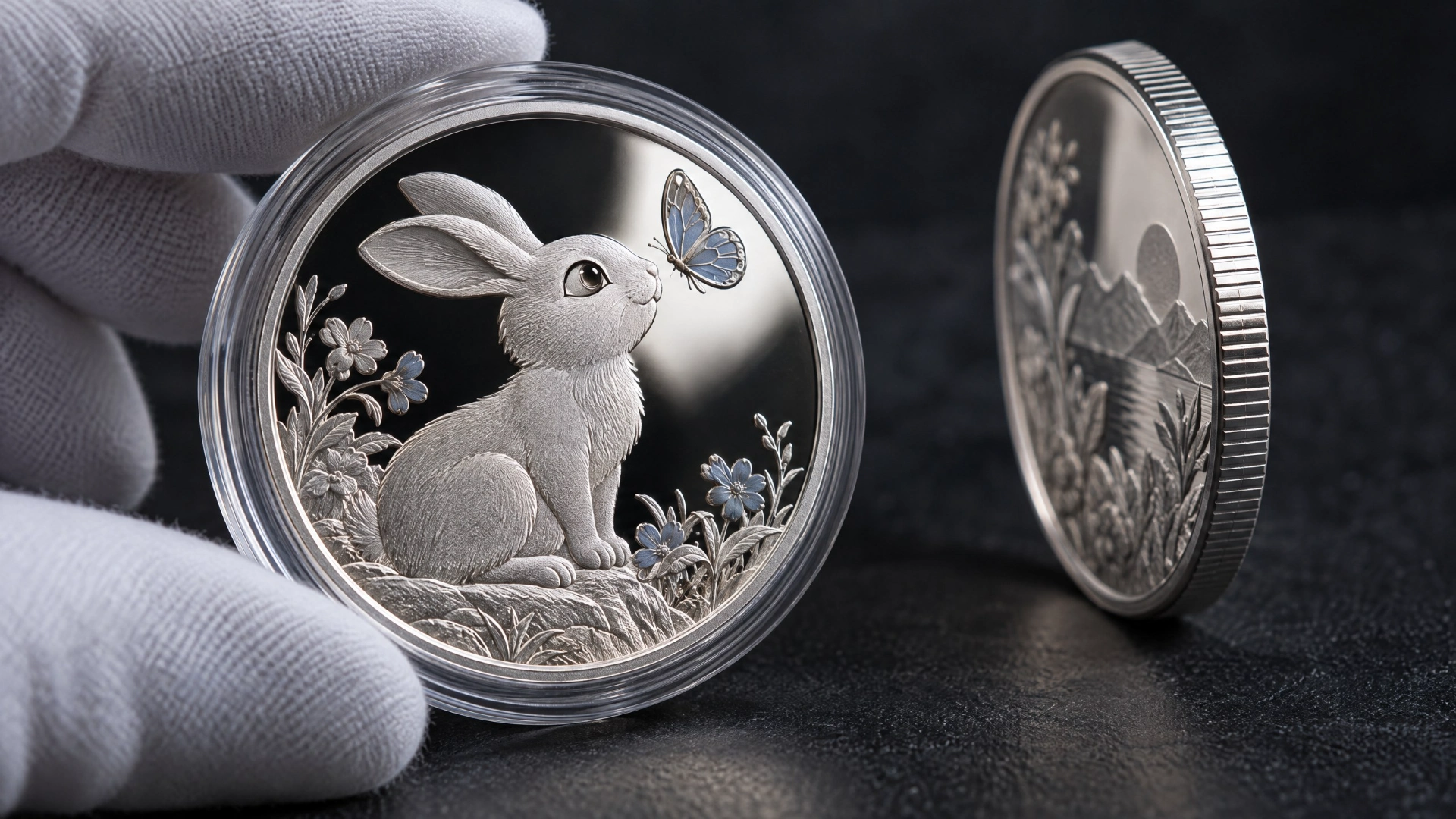 A gloved hand holding a capsule-protected proof coin showing polished fields, frosted relief and a reeded edge