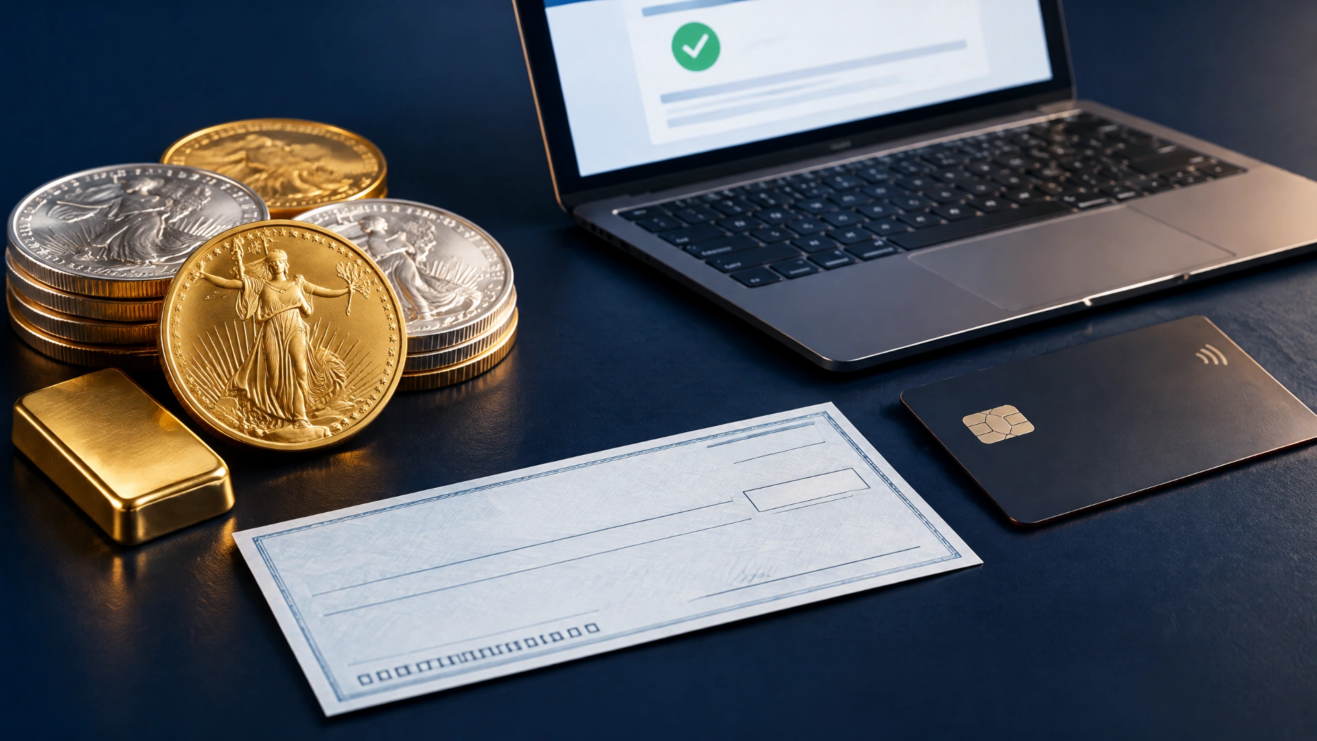 Gold and silver bullion beside a bank wire confirmation, check, and payment card
