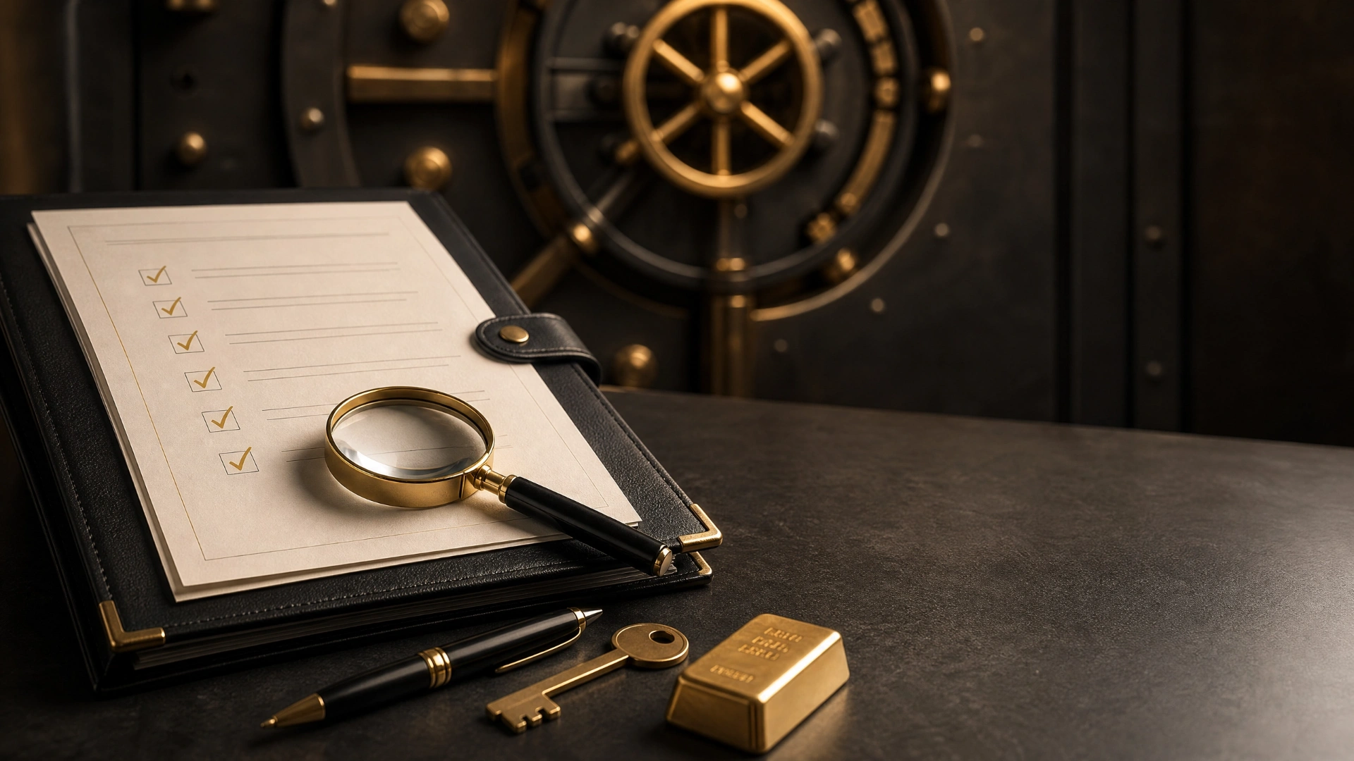 Contract checklist, magnifying glass, security key, and gold bar in front of a vault door
