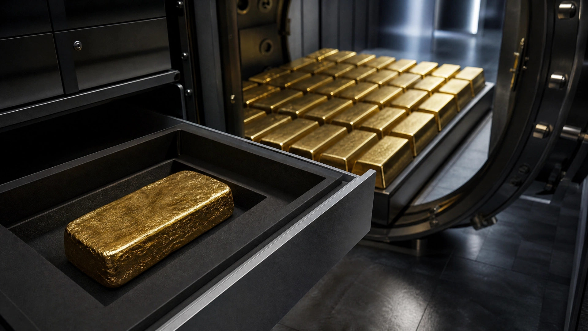 A single gold bar in a separate vault drawer contrasted with many uniform bars stored together in a shared pool
