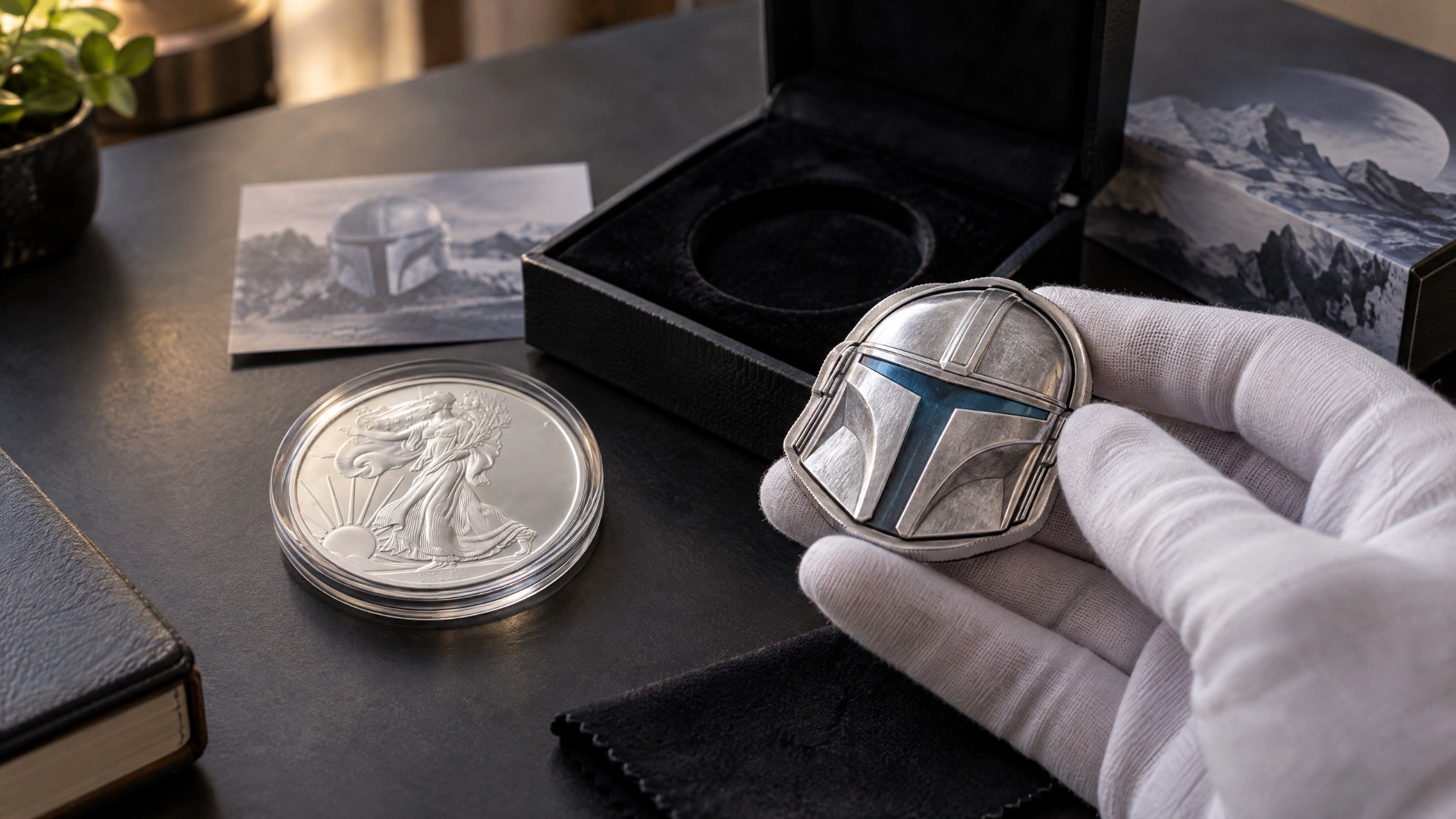 A collector considers a shaped silver coin alongside a simpler bullion-style coin and display packaging.