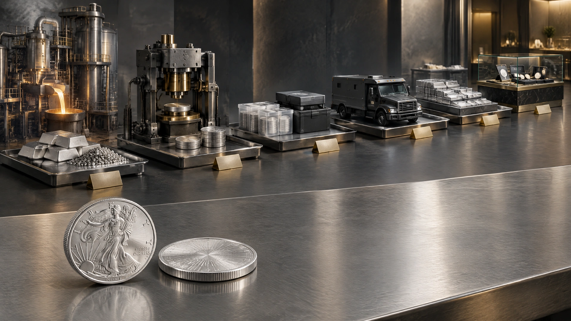 A conceptual view of silver moving from refining and minting through distribution to a retail counter