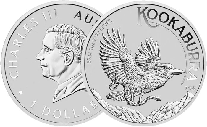 The 2024 1oz Silver Kookaburra coin head and reverse overlapping