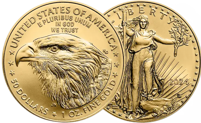 The 2024 American Gold Eagle gold coin head and reverse overlapping