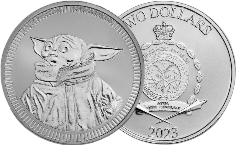 2023 1oz Silver Grogu Baby Yoda Coin obverse and reverse overlapping.