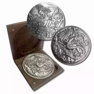 10 oz .999 Fine Silver - Dragon vs Vikings Ultra High Relief Fantasy Round with Walnut Box