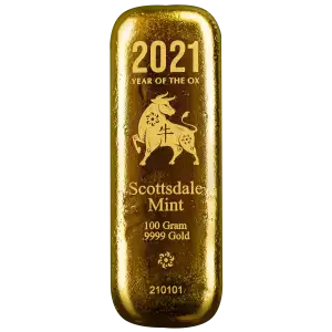 Scottsdale Mint 100 gram Year of the Ox Gold Cast Bar