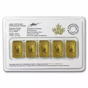 2016 1/2 oz Royal Canadian Mint Legal Tender Gold Bars (Set of 5 x 1/10 oz, New w/ Assay)